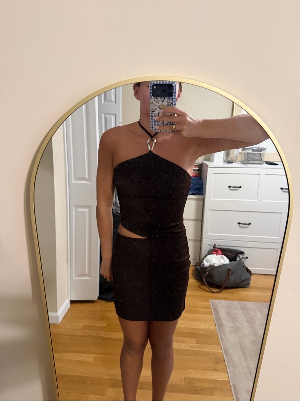 White Fox Boutique Black Halter Cutout Mini Dress with Metallic Detail